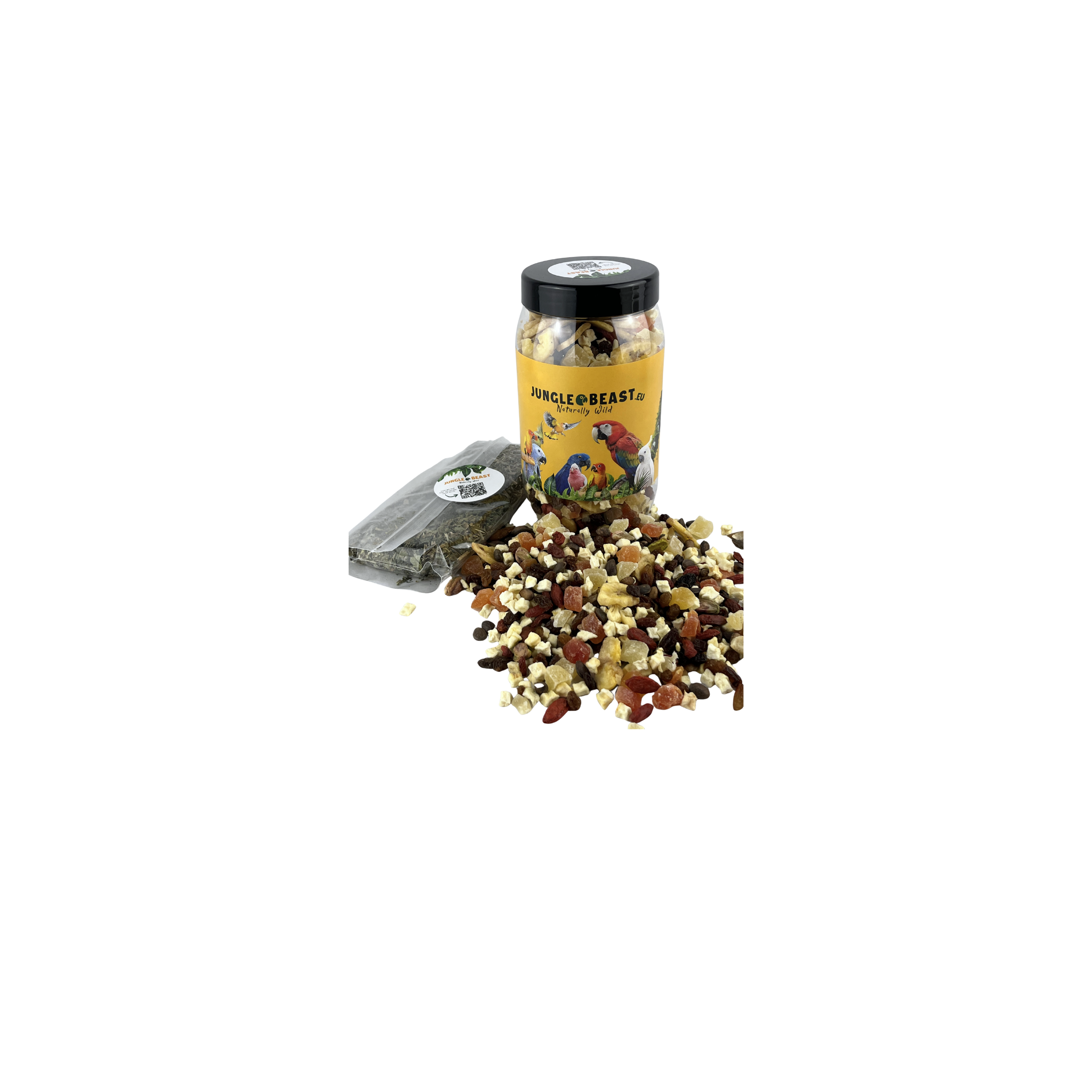 fruit en kruidenmix papegaaien met verpakking