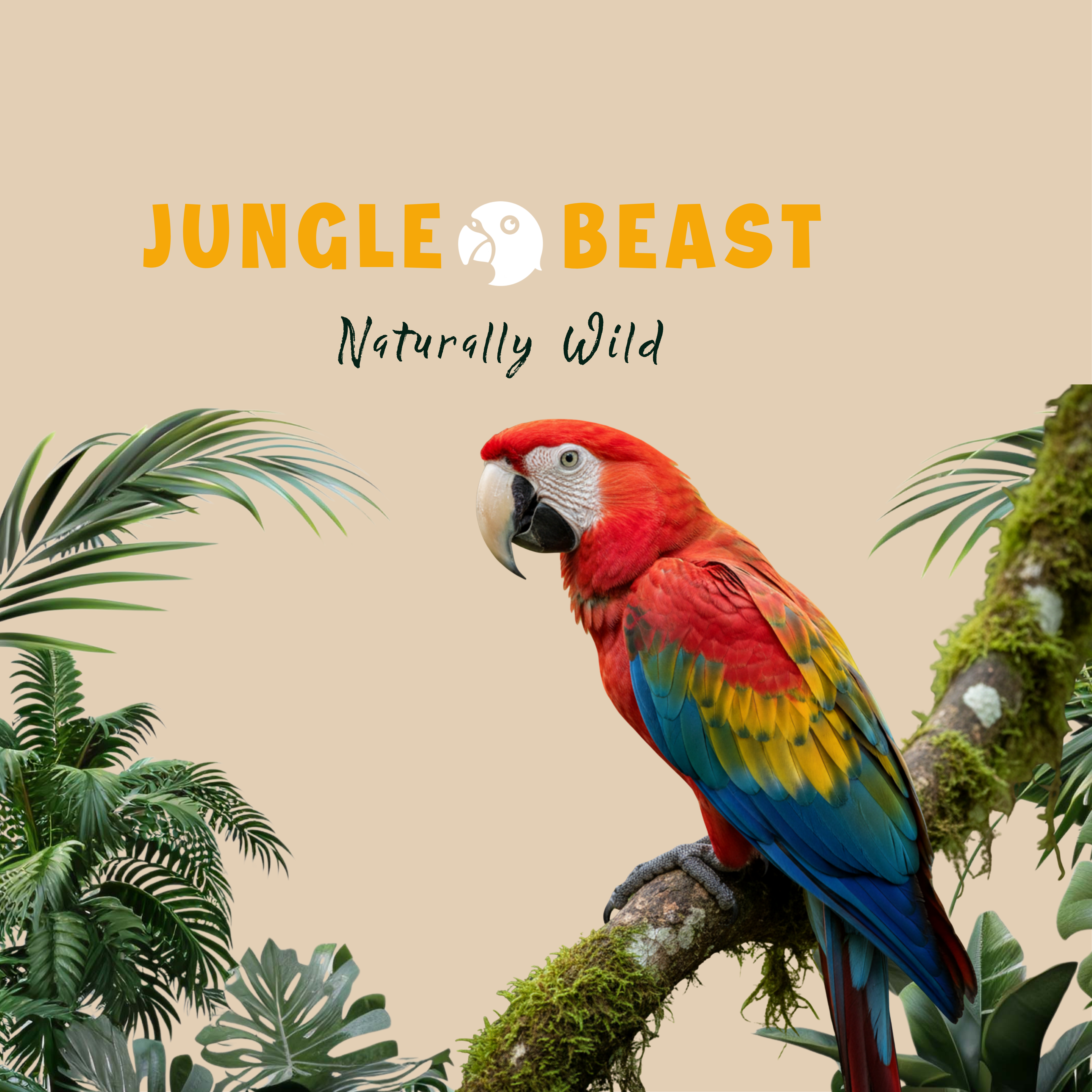 geelvleugelara op boom met logo Jungle Beast 